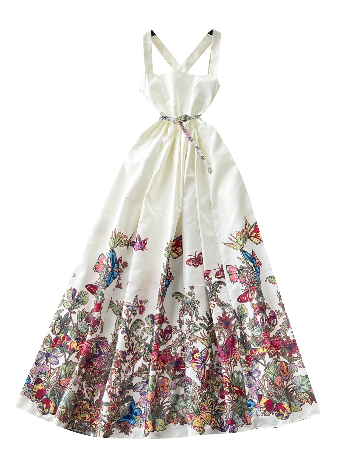 레트로 패션 플로럴 프린트 스퀘어 넥 백리스 여성 드레스 디자인 센세이션 허리 조임 우아한 롱 스커트