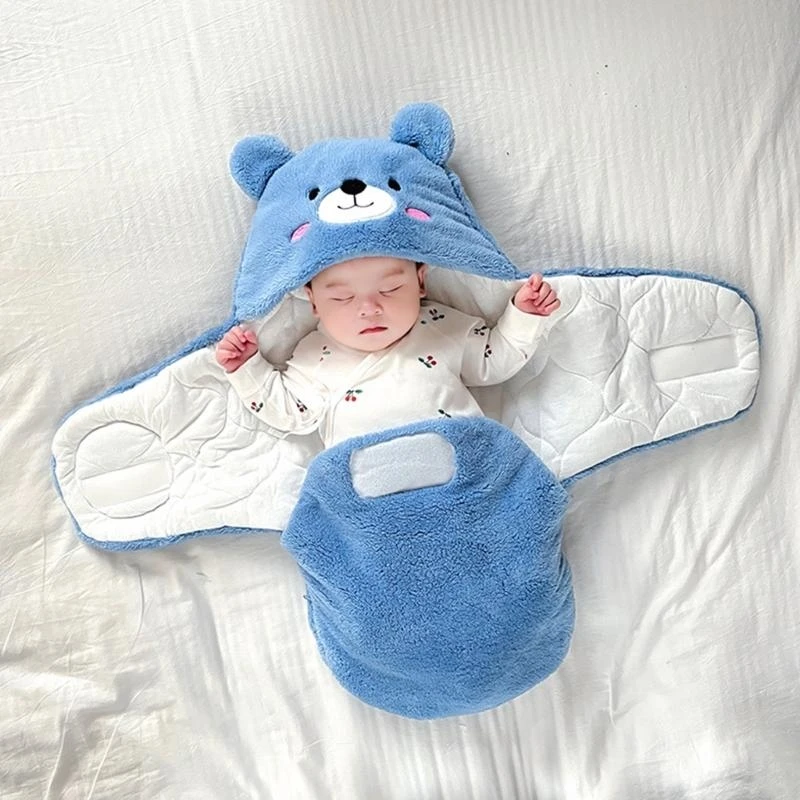 J15U الرضع التقميط بطانية للطفل مع تصميم مريح انغلق سهل تغيير حفاضات الكرتون الدب مقنعين منشفة ملفوفة #4