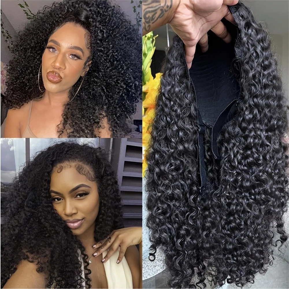 

SIXQUEEN Kinky Curly Half Wig Human Hair Glueless Human Hair Wig Ready to Wear 3 IN 1 With Drawstring Curly Half Headband Wig