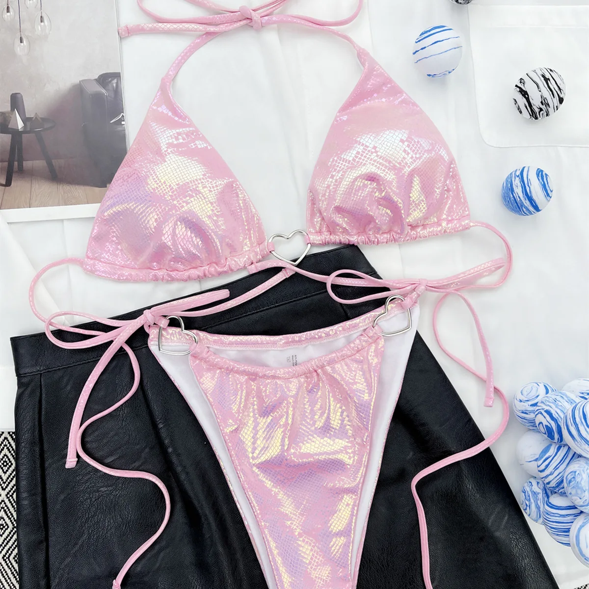 2023 New Shiny Love Metal Halter Mini Pink Bikini Female Swimsuit Women Swimwear Heart Ring Deco Bather Bathing Suit Swim