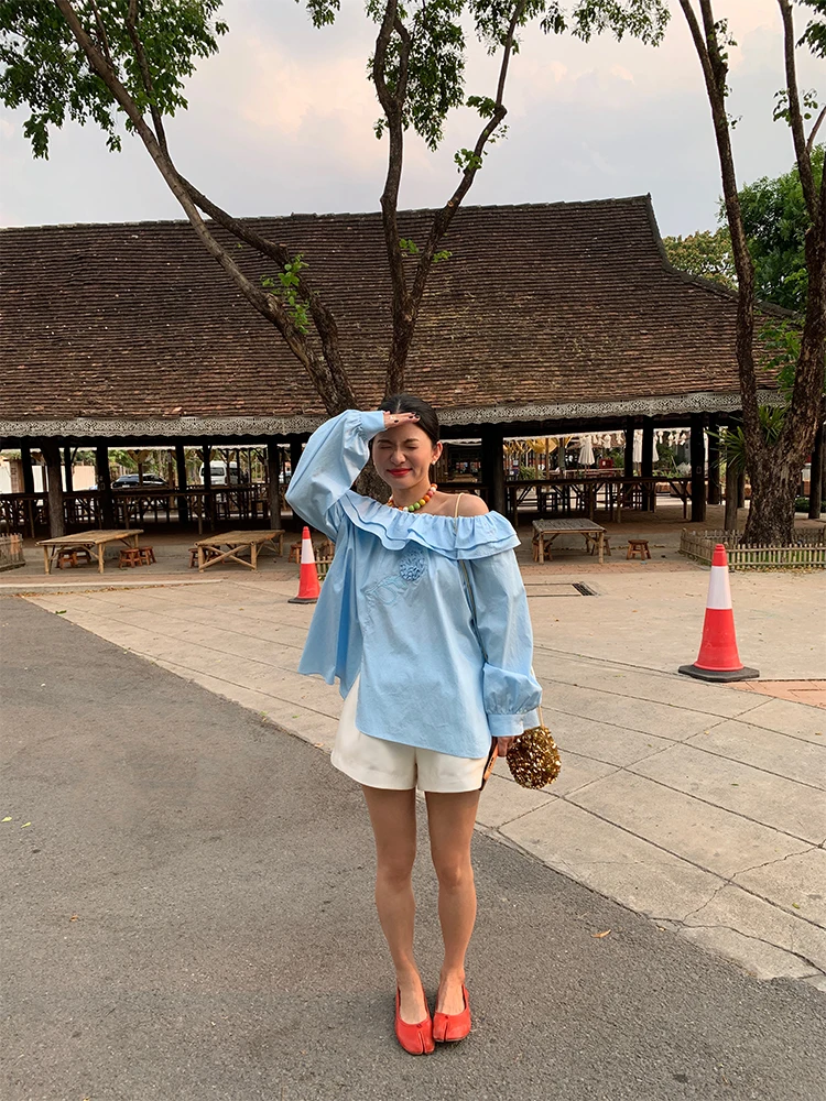 เสื้อคลุมผู้หญิงทรงหลวม แขนยาว ผ้าฝ้ายแท้ สไตล์ลำลอง ประดับลูกไม้สีน้ำเงิน รุ่นใหม่ ฤดูใบไม้ผลิ 2025