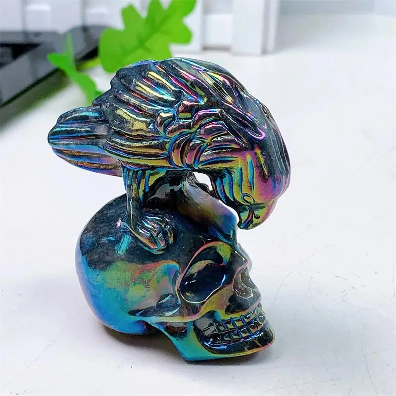 7.5CM Natural Aura Quartz Crow Skull  Handmade Carved Powerful Statue Fengshui Healing Home Decoration Gift 1pcs