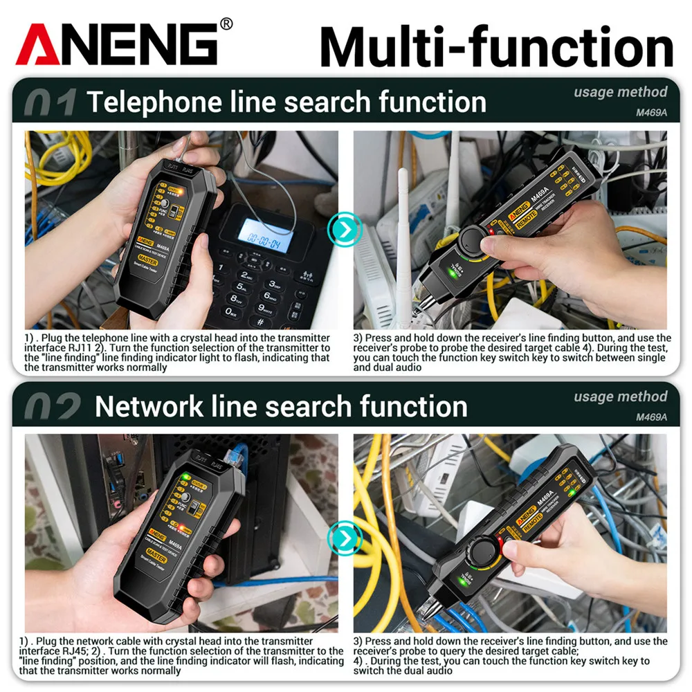 ANENG M469A Smart Network Cable Tester RJ45 RJ11 LAN Cable Tester Finder Wire Tracker Receiver Network Repair Electrical Tool