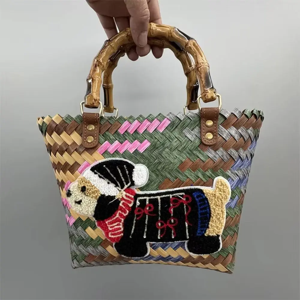 Bolso tejido a rayas Retro creativo, bolso de mano tejido con mango de bambú con patrón de cachorro, bolso de mano INS para mujer, viaje diario