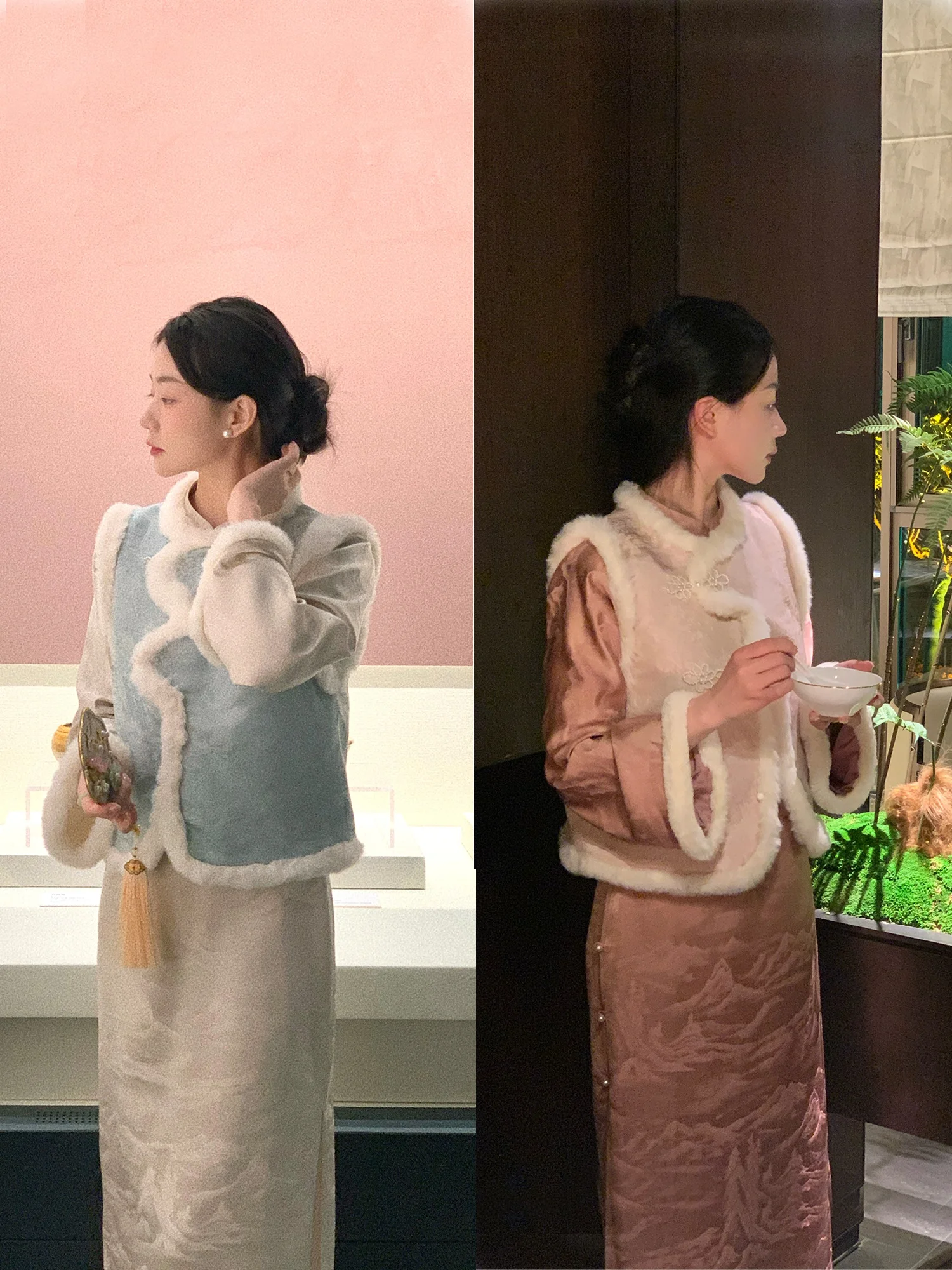 

Новогодний праздничный набор | Зимний комплект: жилет из плотной шерсти с вышивкой и серебряным шелковым узором, модный дизайн