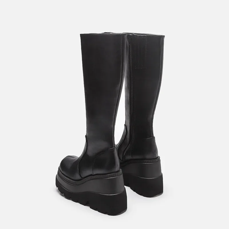 Fashion Wedge-heeled Mid-tube Boots Ladies Gothic Style Thick-soled Motorcycle Knight Boots Slim High Platform Cowboy Boots