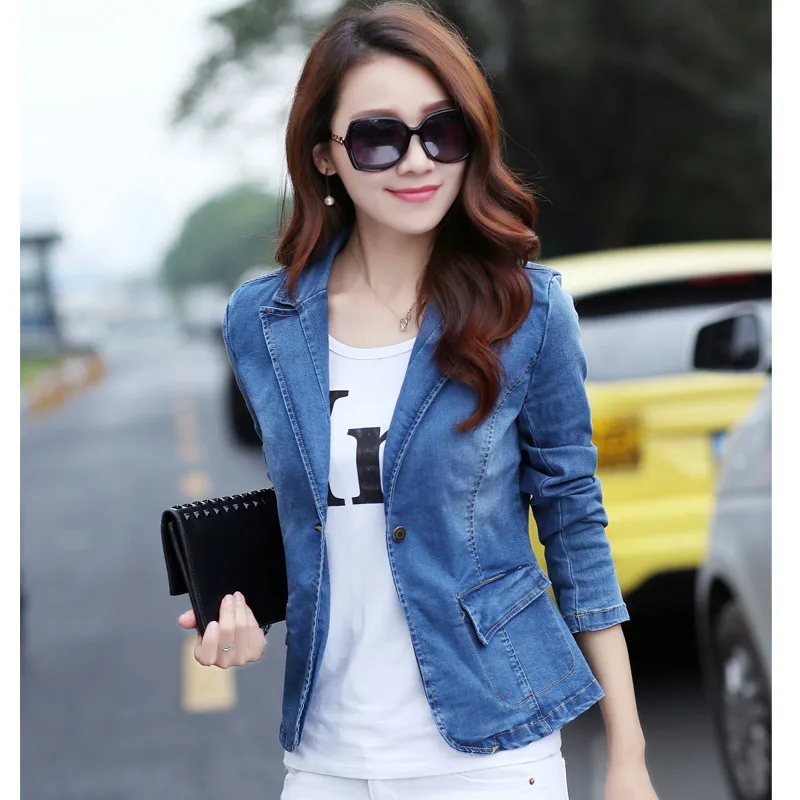 Autumn Short Style Blue Denim Blazer Femme Plus Size Long-sleeved One Button Vintage Jeans Jacket Women Slim Coat