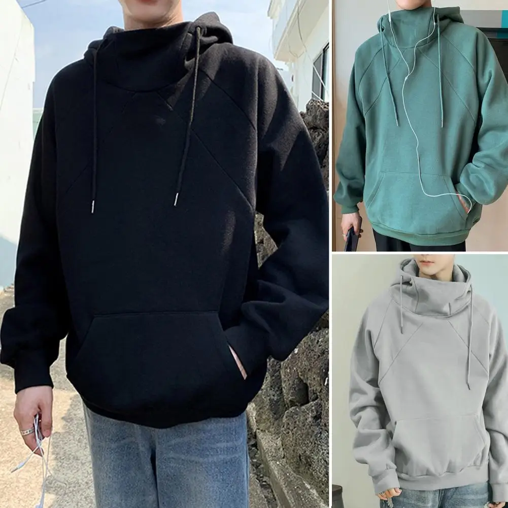 Men Pure Color Hoodie Men's Drawstring Hoodie with Patch Pocket Elastic Cuff Loose Fit Long Sleeve Pullover for Fall Spring Wear