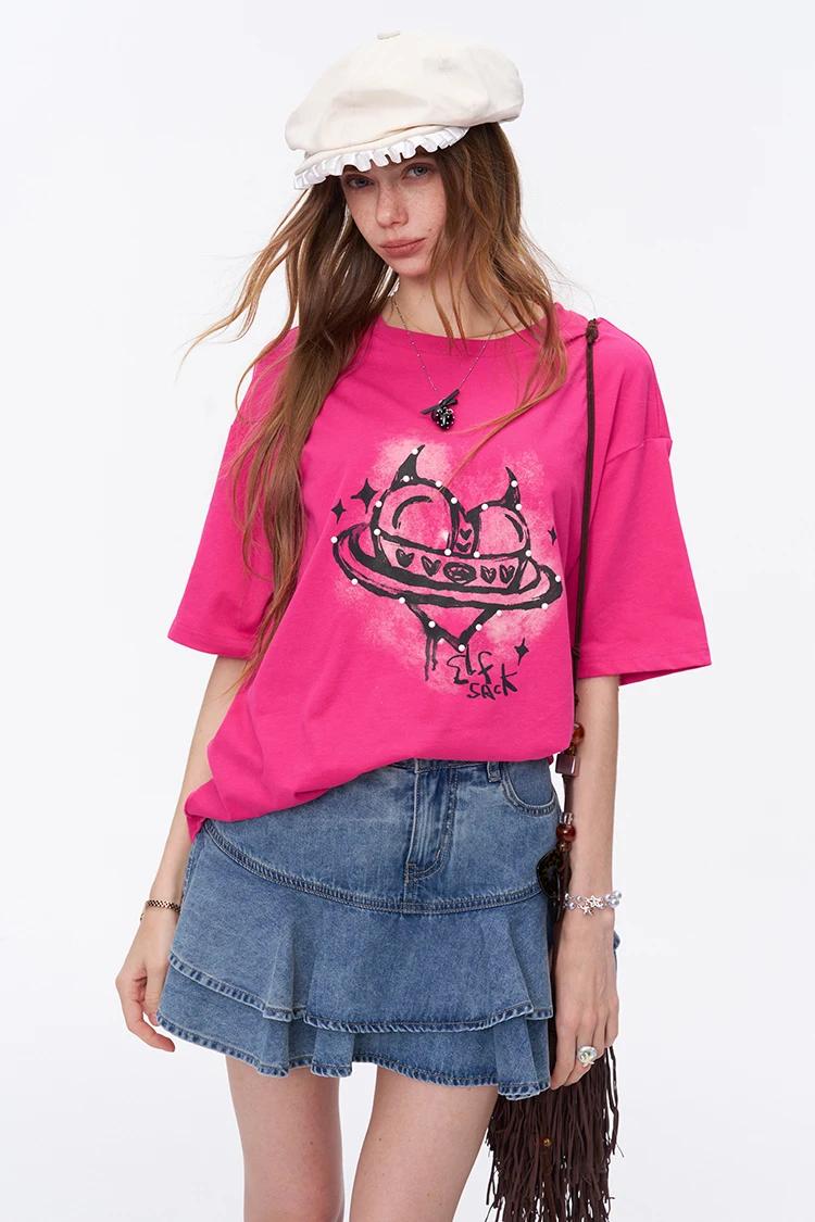 ELFSACK Women's Sweet Short Sleeve Graphic Tee with Cute Print, T-Shirt with Multiple Color Options, Loose Casual Autumn Top