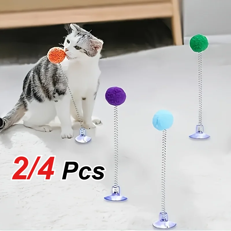 2/4 PCS Spring Furry Balls Interactive Cat Toys , Including Plush Balls, Spring Bars, Suction Cup Bases, For Cat Training Toys