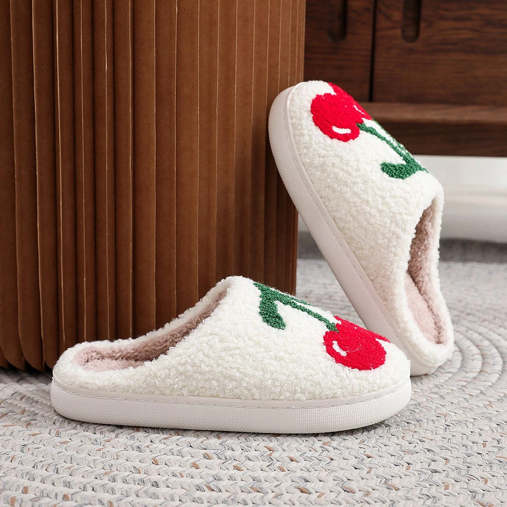 Women House Slippers Cozy Cherry Casual Fluffy Slippers Non-Slip Cute Indoor Shoes for Winter Indoor and Outdoor