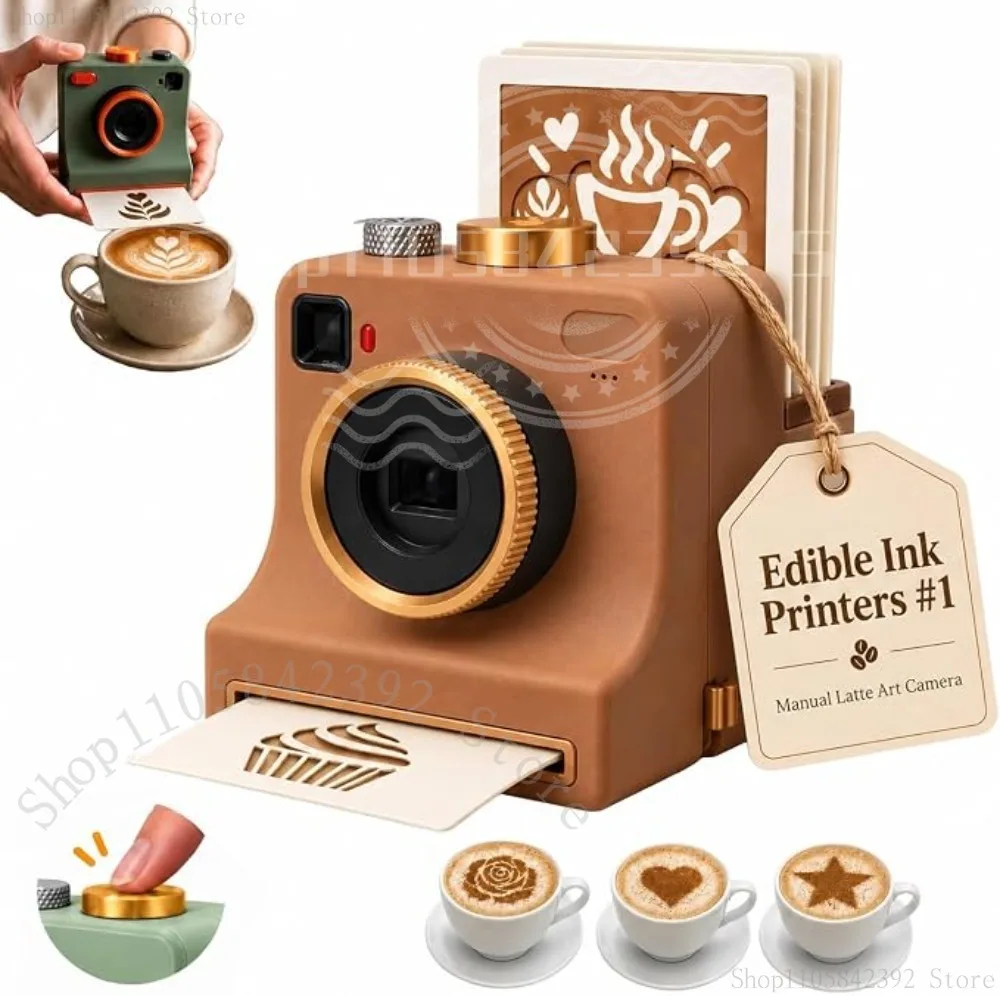 2026 New 3D Printed Latte Art Camera, One-Touch Coffee Stencil Printer Kit with 4 Random Stencil Cards for Cappuccino, Milk Foam