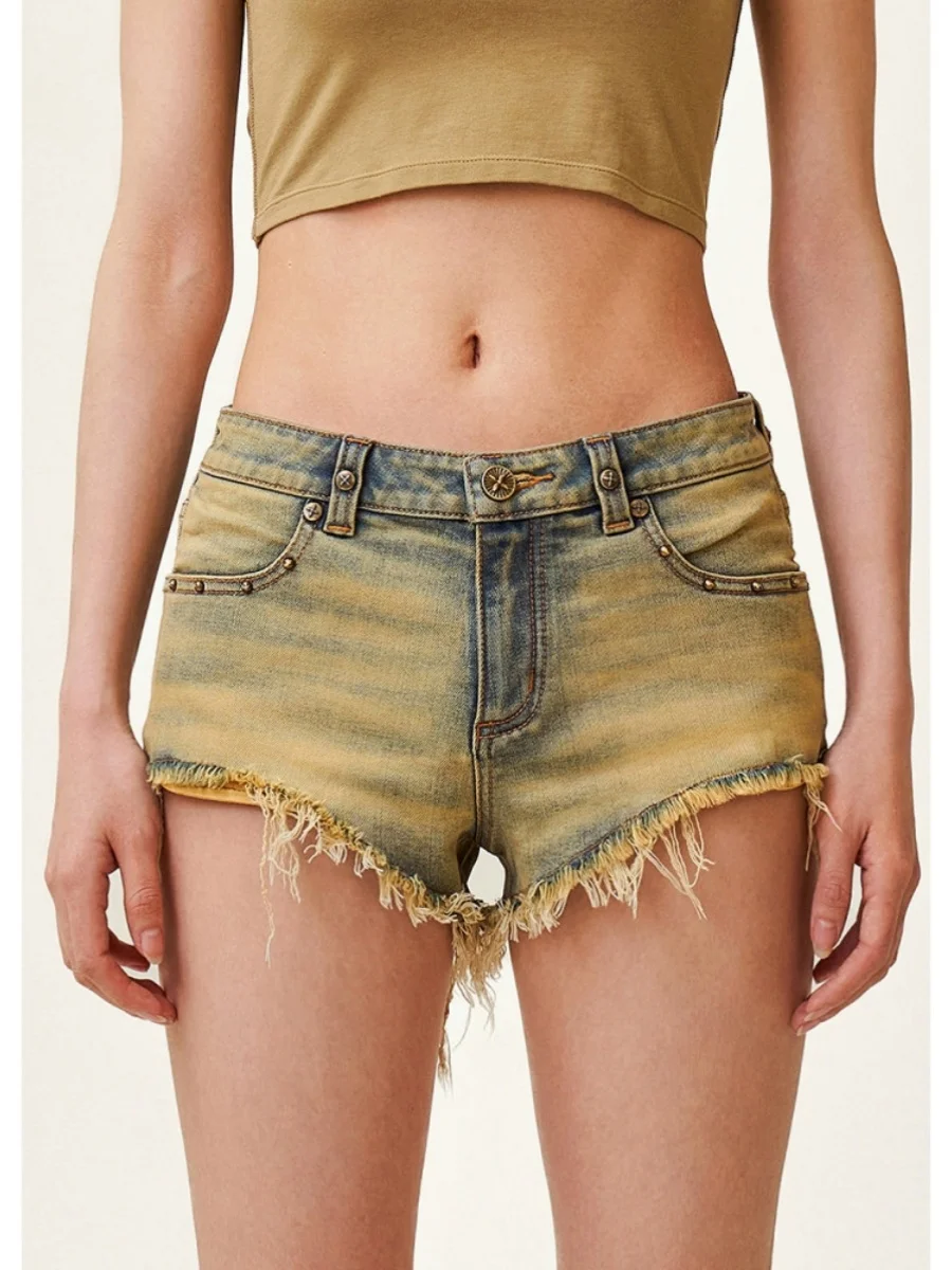 

Retro American Low Waist Denim Super Short Shorts Women's Summer Fashion New Vintage Slimming Sexy Fringed Hot Pants