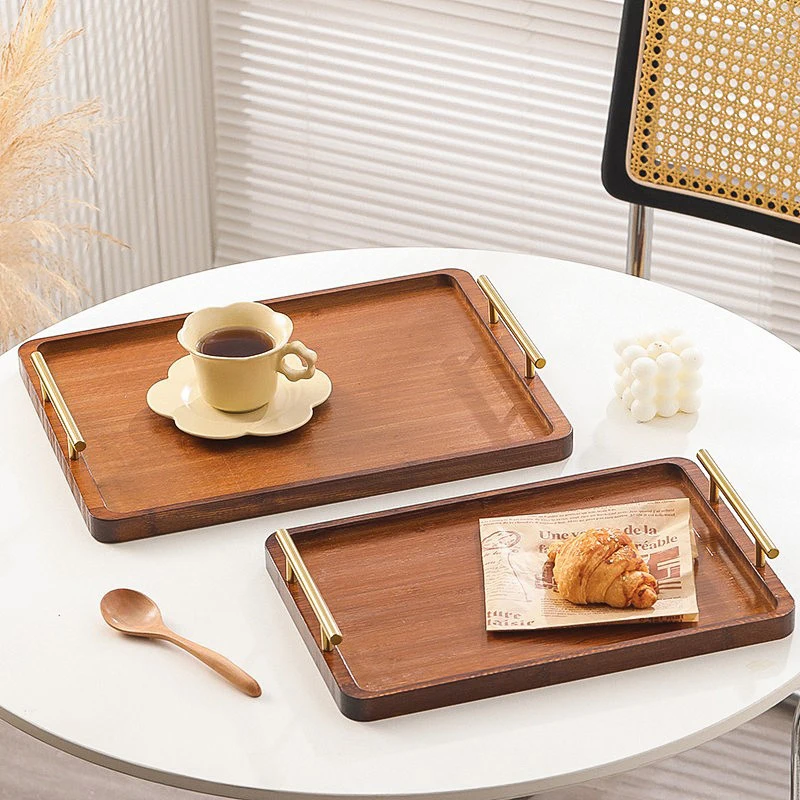 Vintage Bamboo Wooden Tray with Handles Rectangular Fruit Bread Food Sundries Serving Tray Household Kitchen Storage Trays Plate