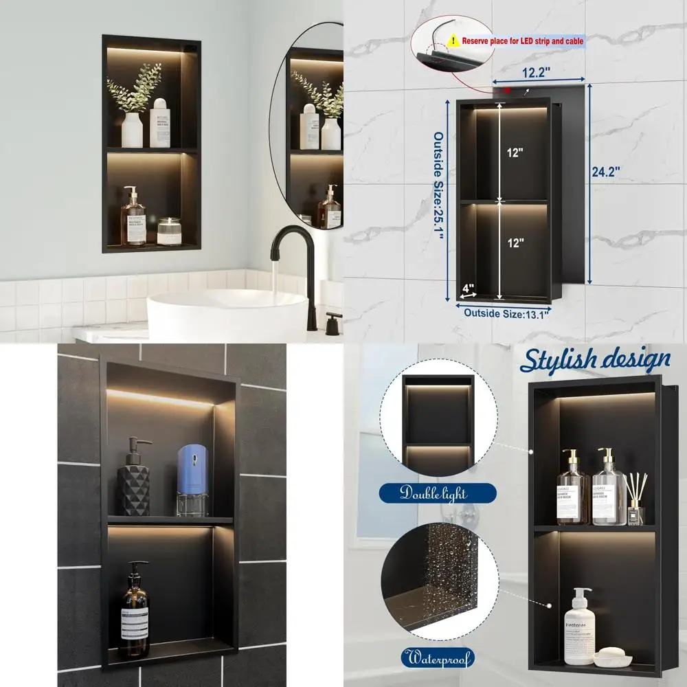 

Double-Tiered 12x24 Inch Recessed Wall Shelf with LED Lighting, Matte Black LED Shower Shelf Cabinet, Stainless Steel Bathroom A