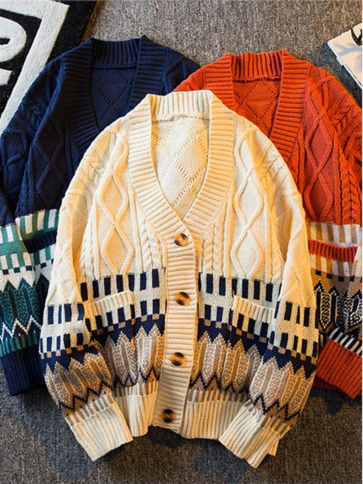 Retro Japanese Style V-Neck Open Cardigan Sweater Men's Loose Cool Casual Knitted Jacket Coat with Diamond Pattern Splicing