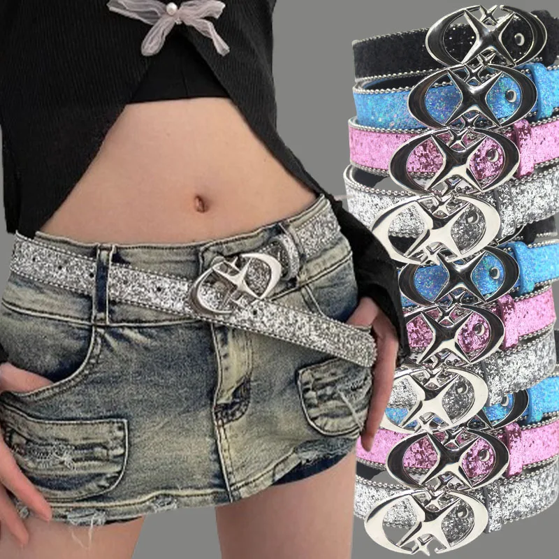 Women's Y2K Shiny Star Rhinestone Belt Brand Belt Luxury Sexy Pentagram Leather Waist Band Party Spicy Girls Accessories Gifts