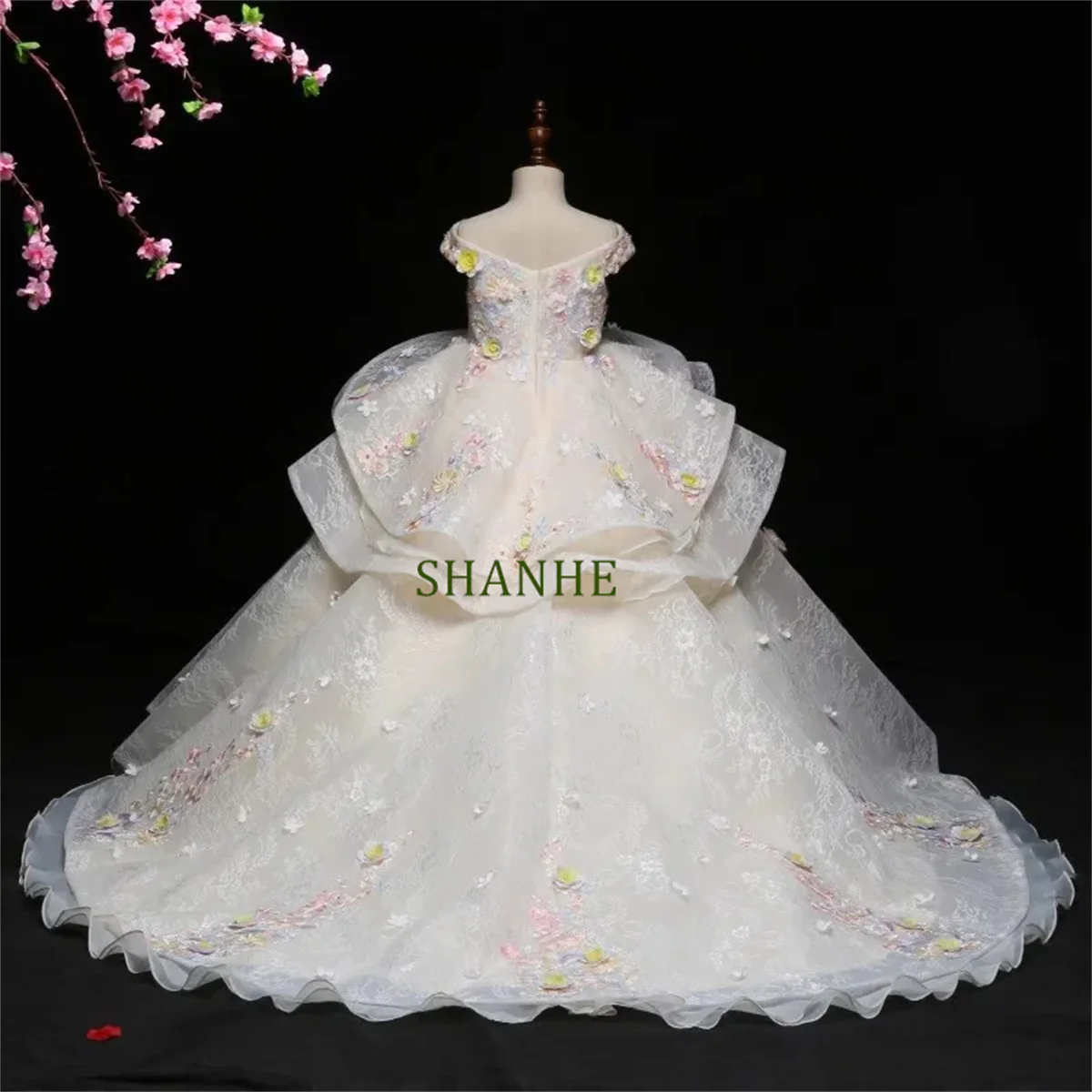 Vestido de baile personalizado para niña, vestidos de flores para bebé, apliques de tren de corte, vestidos de fiesta de graduación de princesa, vestidos de boda para niños