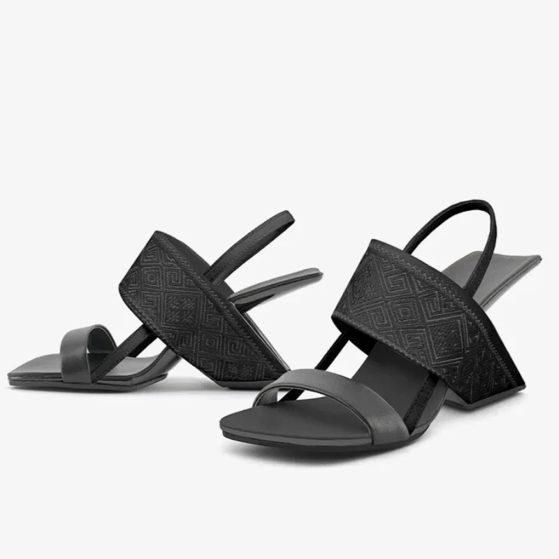 

European and American Women's Summer Retro Ethnic Style Embroidered Square Toe Shaped High-heeled Sandals with Back Straps