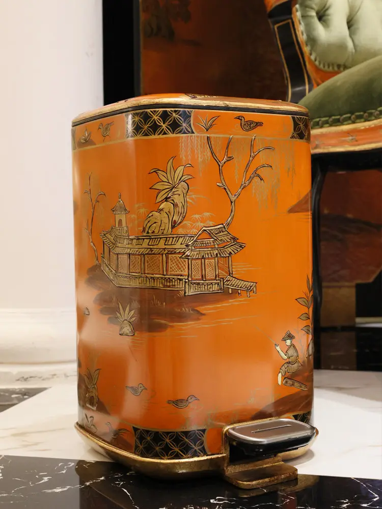 French Chinese Style Luxury Fashion Orange Hand Painted Landscape Gold Foil Villa Foot Pedal Decorative Trash Can