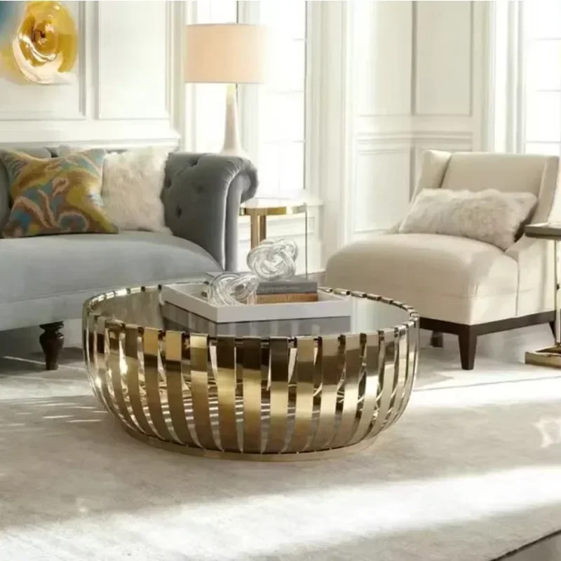 Modern New Design Silver Metal Base Stainless steel Coffee Table With Glass Top Round Center Table For Hot Living Room
