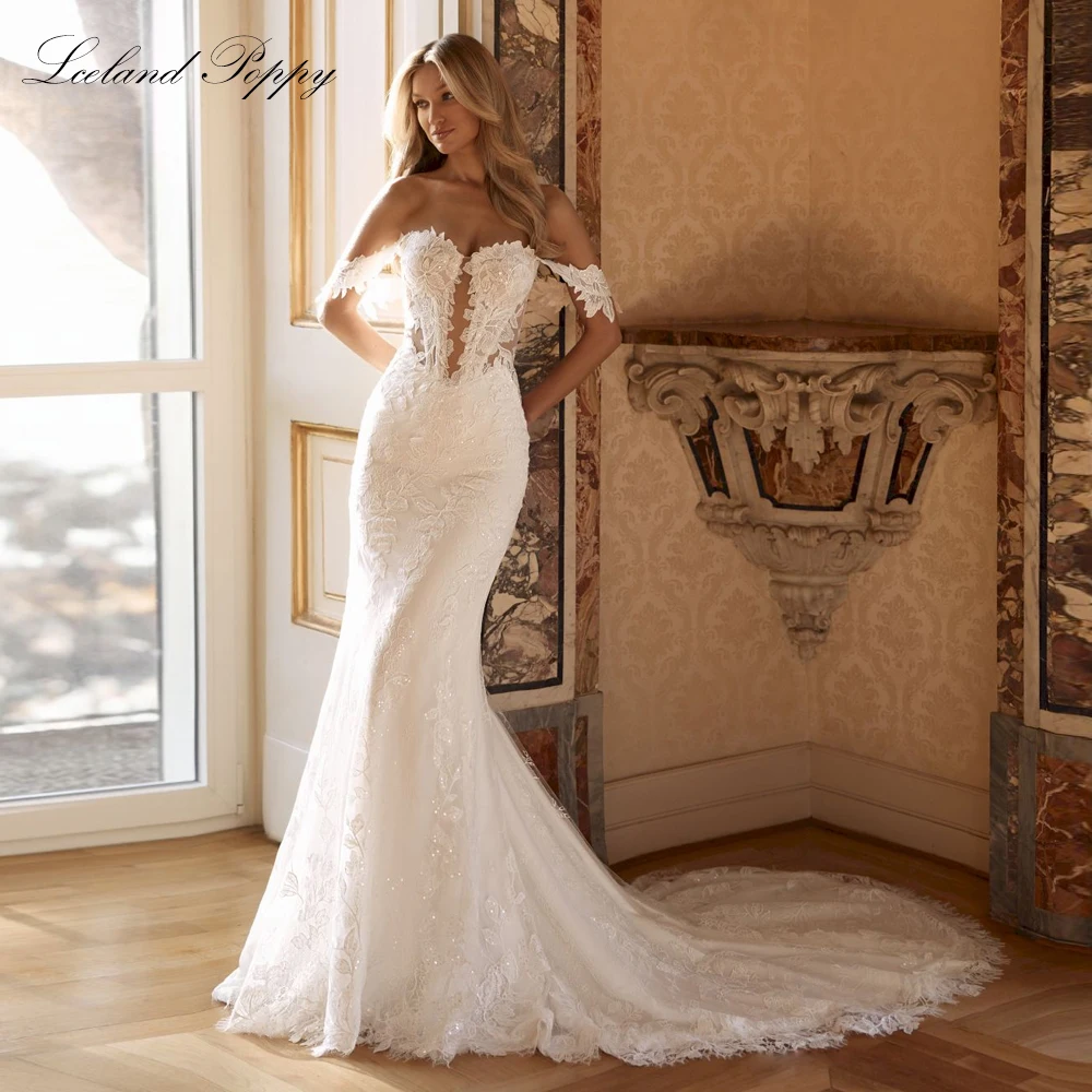 Lceland Poppy Customized Sexy Lace Mermaid Wedding Dresses Illusion Off the Shoulder Bridal Gowns with Removable Lace Jacket