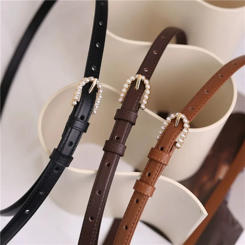 Ceinture fine perlée élégante pour femme, cuir véritable, ceinture réglable pour robe, pantalon, jean, structure dorée