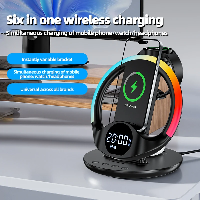 

5 in 1 Wireless Charger Station for Phone Watch Earbuds Wireless Charging Dock with Phone Stand Clock For iPhone Samsung iWatch