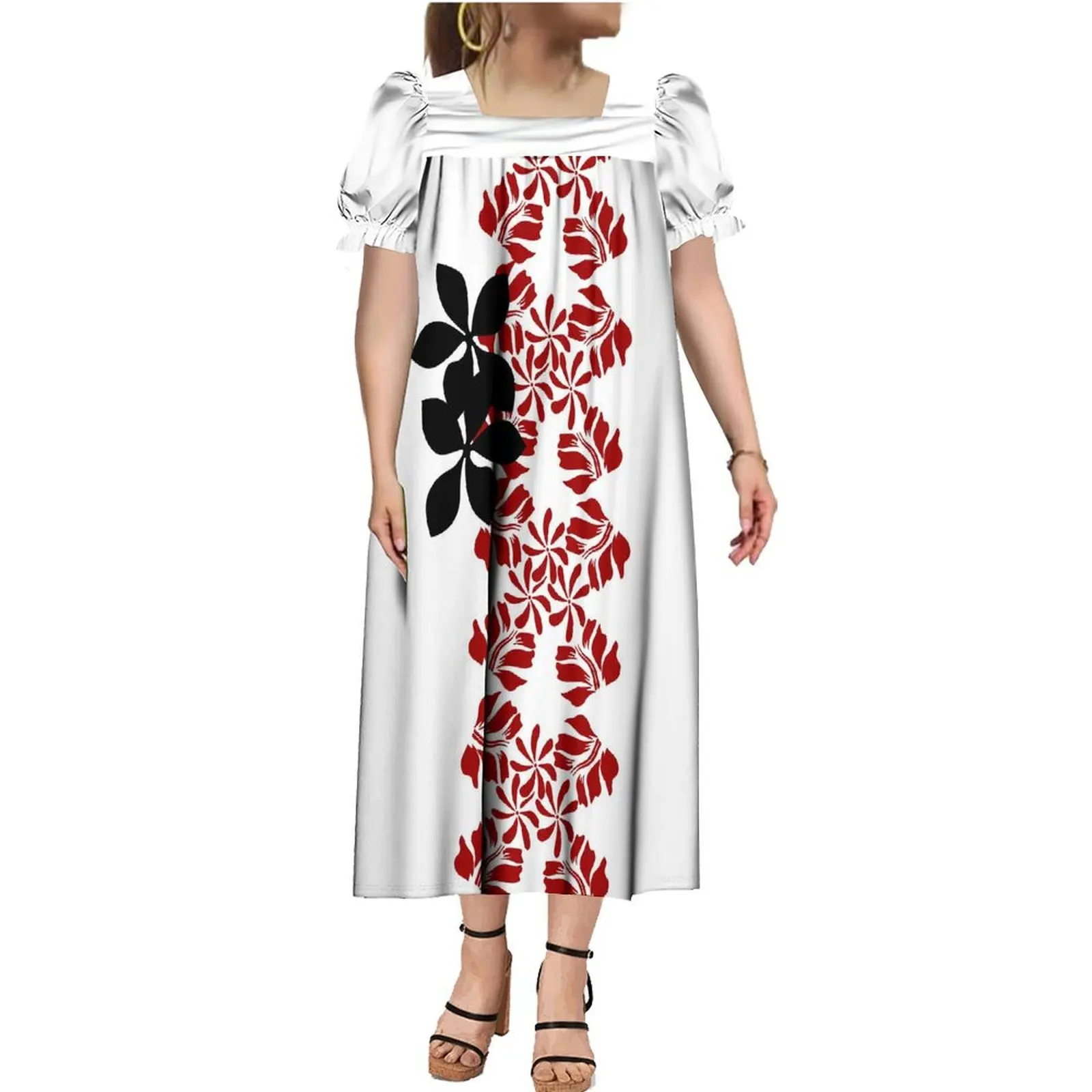 Custom Tapa Polynesian Design Micronesia Mumu Muumuu Vintage Square Neck Puffy Dress Plus Size Women'S Puffed Sleeve Dress