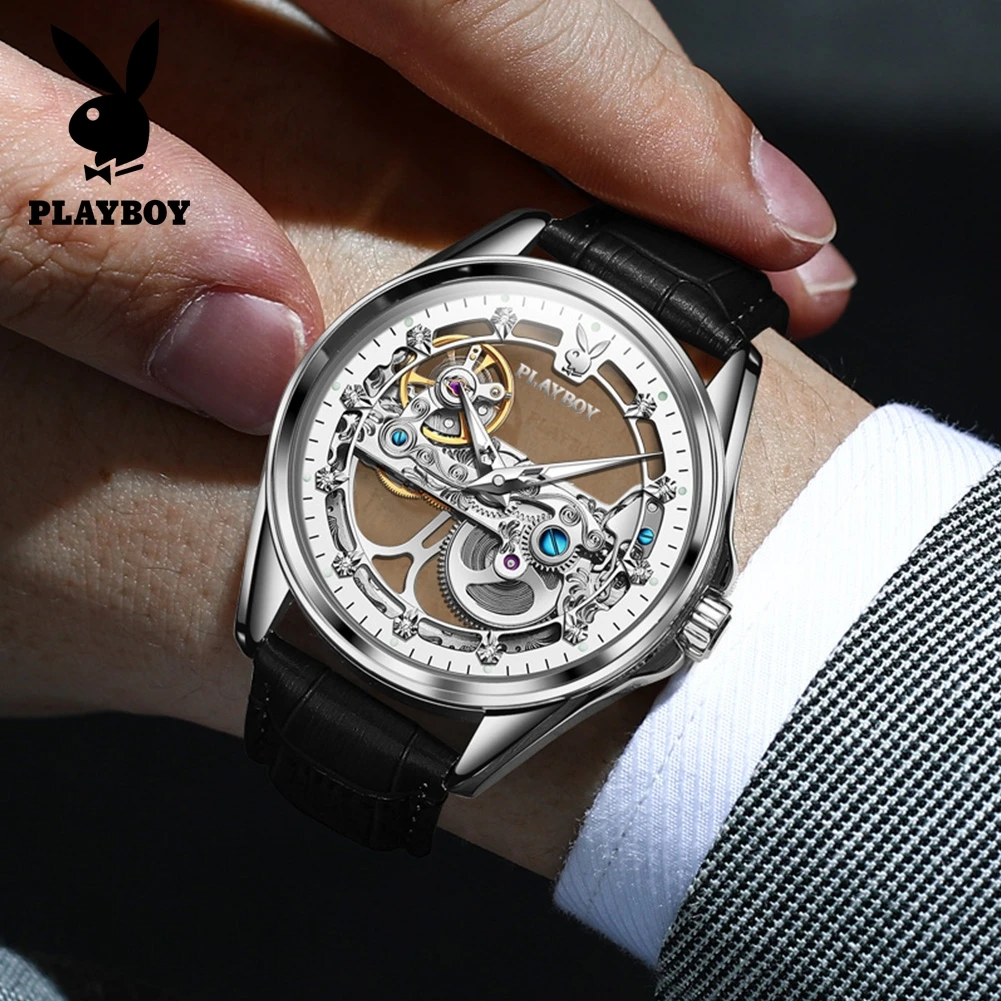 PLAYBOY New Fashion Watch for Men Original Skeleton Leather Strap Automatic Mechanical Man Watch Classic Luxury Wrist Watch Men