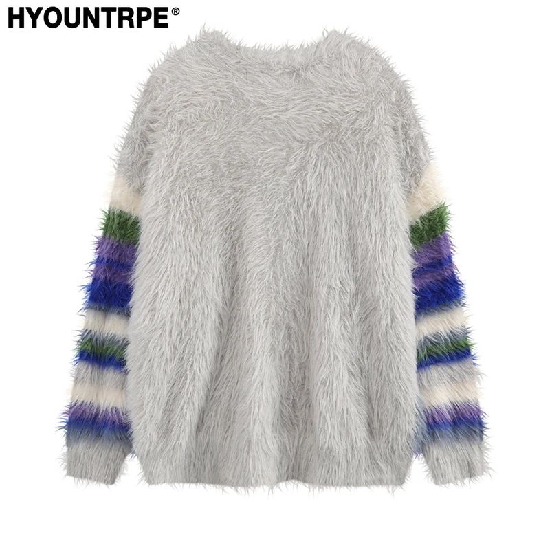 Mens Cardigan Sweater Y2K Fashion Striped Streetwear Hip Hop Warm Hairy Knitted Cardigan Single Breasted Sweater Unisex Jumpers