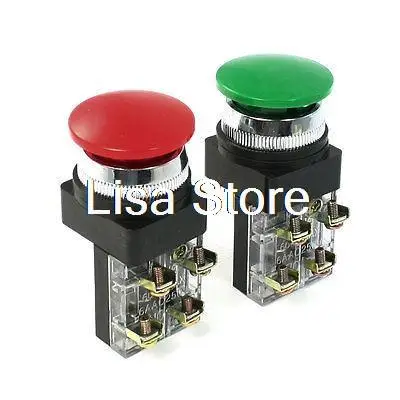 2pcs Red and Green 30mm Mounting Threaded 250VAC 6A DPST 1NO 1NC 4-Terminal Mushroom Momentary Pushbutton Switch
