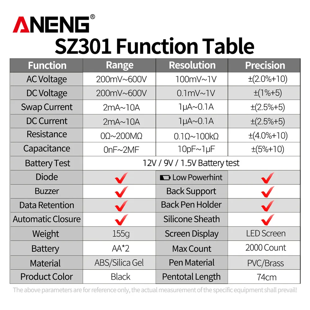 ANENG SZ301 Digital Multimeter AC/DC Votage Current Automatic Tester Electrical Resistance Ohm Ammeter Capacitance Meter