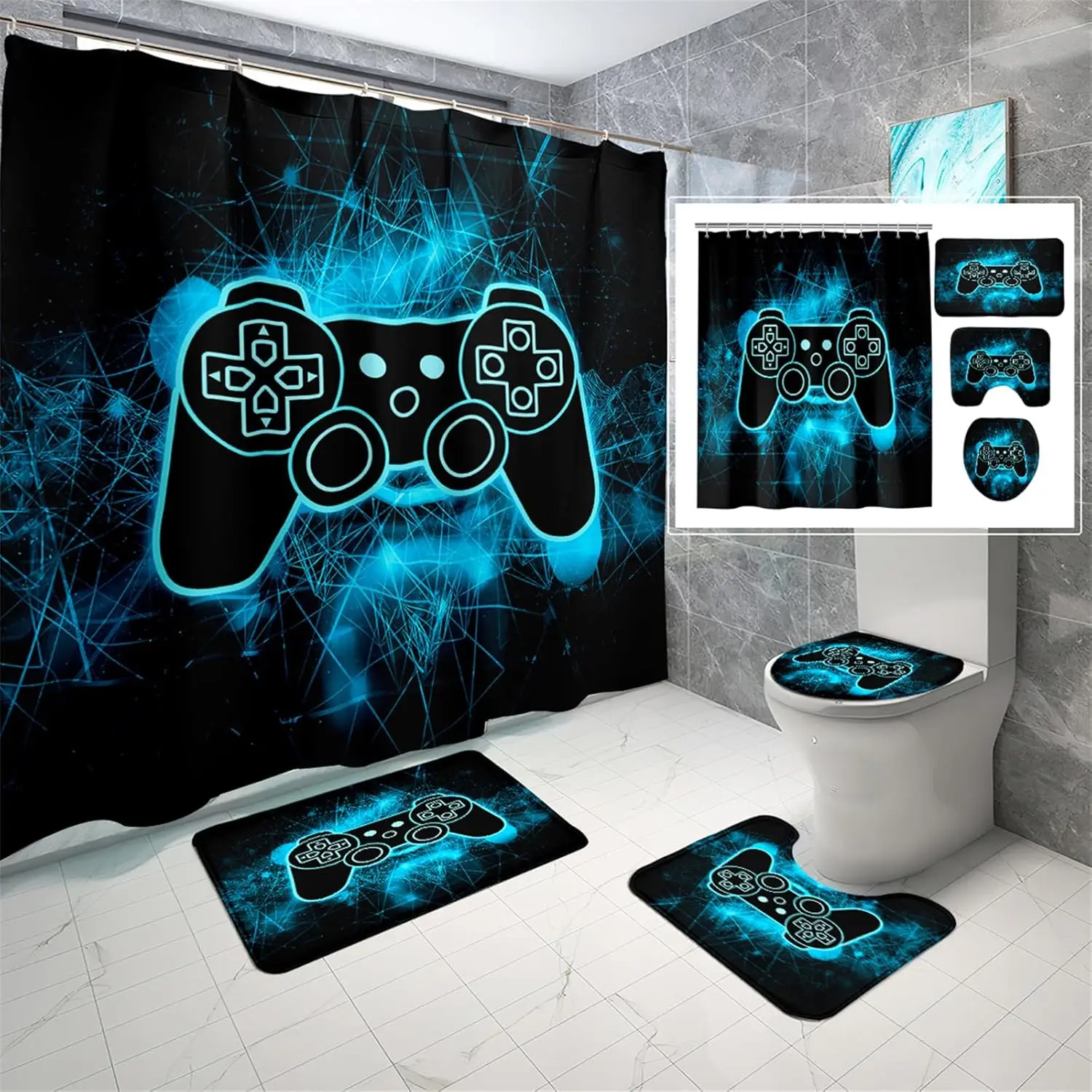 

Game Shower Curtain for Boy - Gaming Shower Curtains Sets with Shower Curtain and Rugs Kids Bathroom Set Gamer Shower Cu