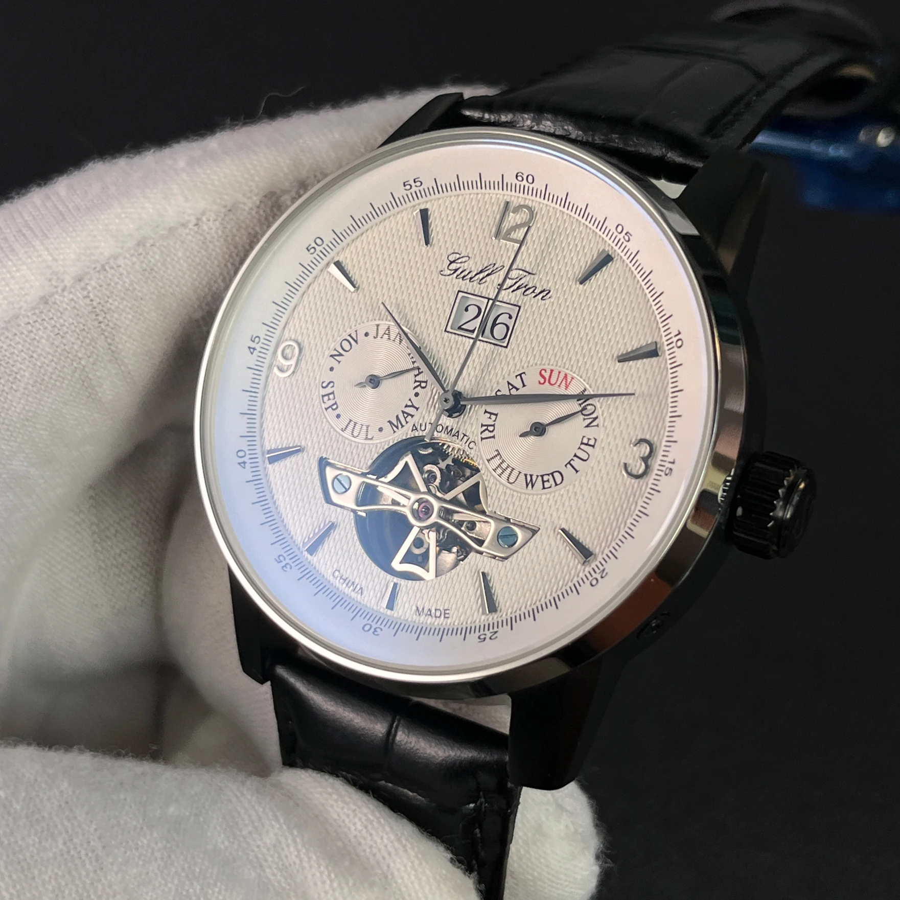 نورس ترون ساعة أوتوماتيكية للرجال 43 مللي متر ساعة اليد الميكانيكية الهيكل العظمي متعددة الطلب الياقوت مرآة شهر أسبوع تاريخ ST25