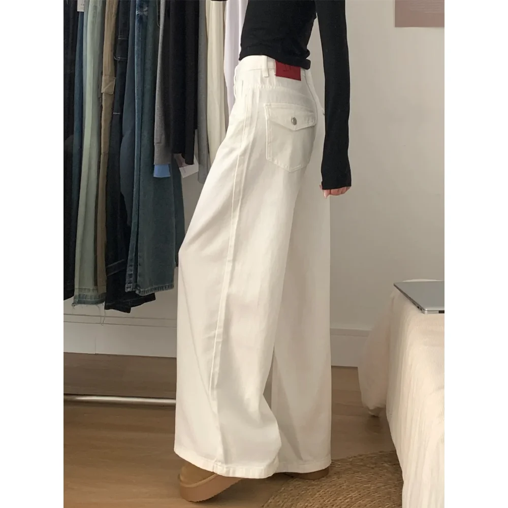 جينز أبيض واسع الساق للنساء عالي الخصر فضفاض مستقيم طويل السراويل الخريف جديد Sle التخسيس كسول Sle ثنى الطابق طول