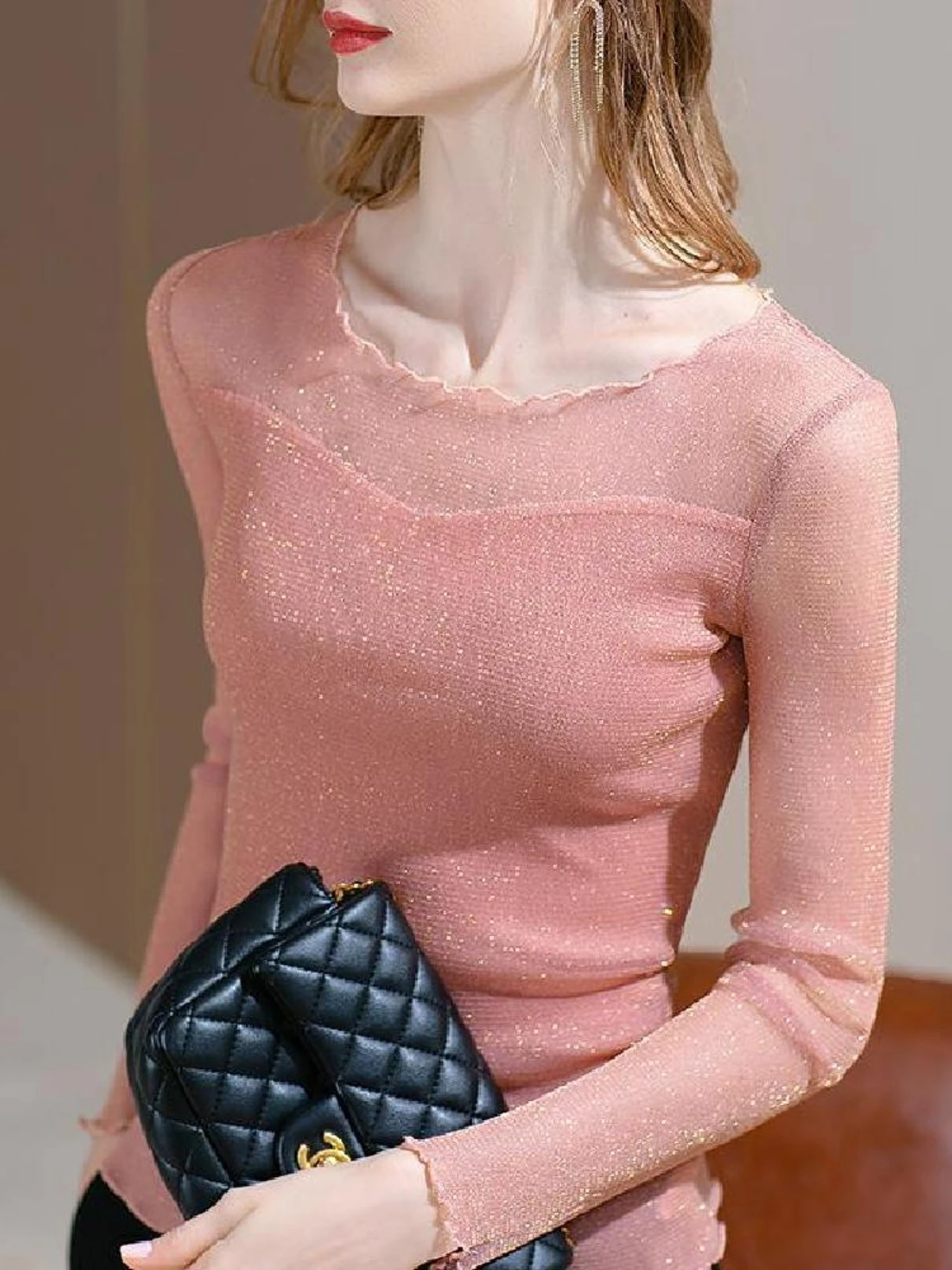 プラスサイズ レース Tシャツ ラウンドネック メッシュ インナー ブラック レディース 春秋 痩身効果 スタンダードフィット 日常着