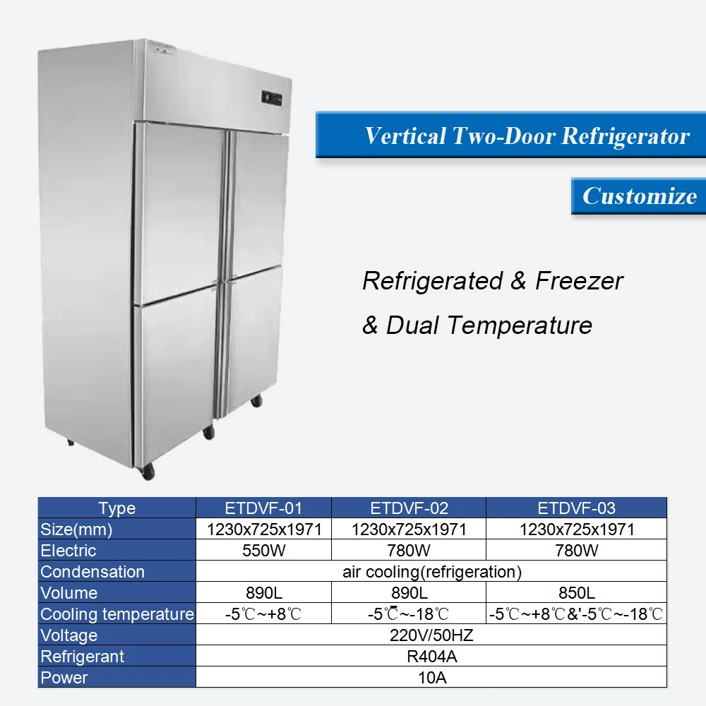 Custom Made Air Cooled Vertical Four-Door up Right Freezer Restaurant Refrigerator Double Door Refrigerators for Hotel