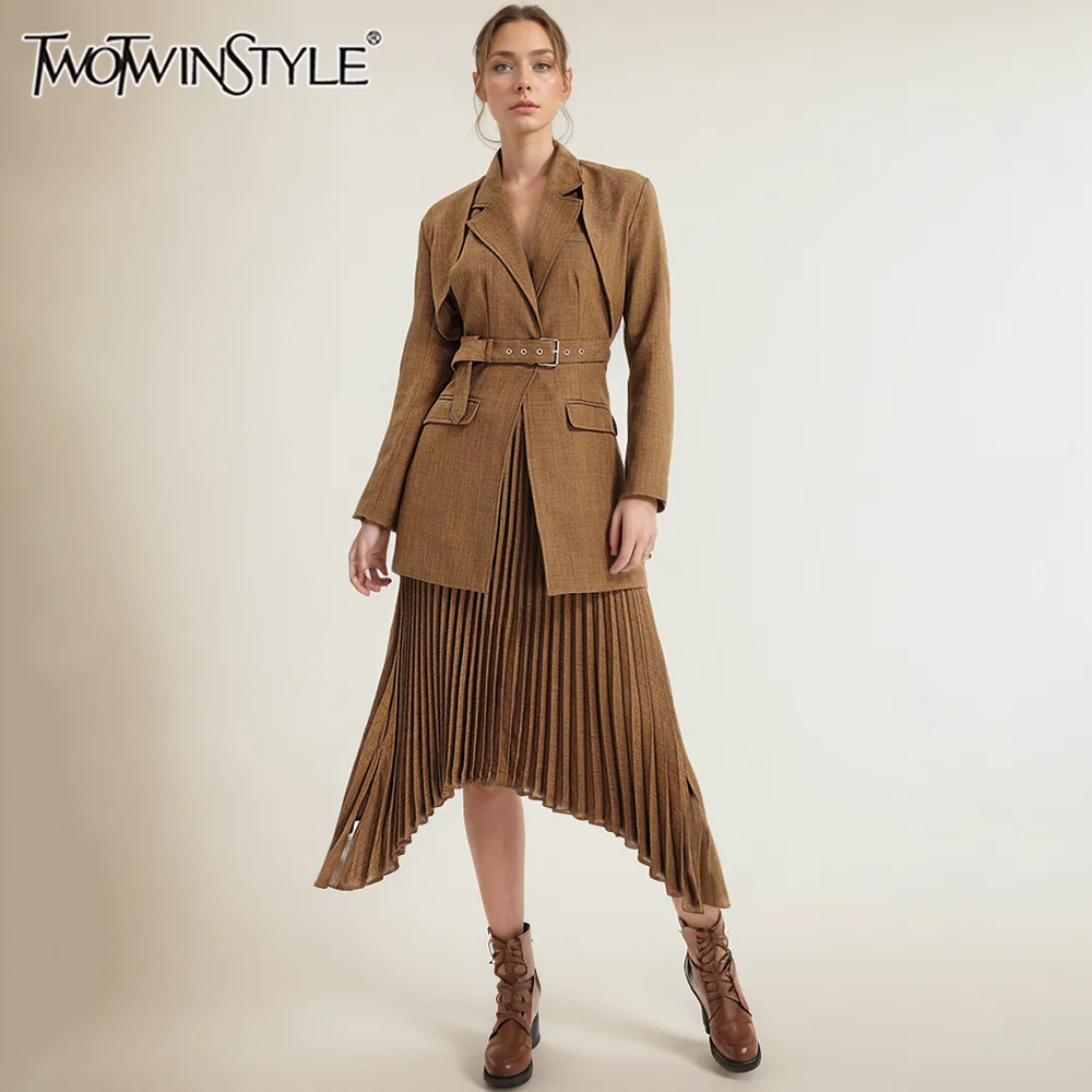 TWOTWINSTYLE Solid Three Piece Sets For Women Notched Collar Sleeveless Vest Minimalist Coat A Line Skirt Chic Set Female New