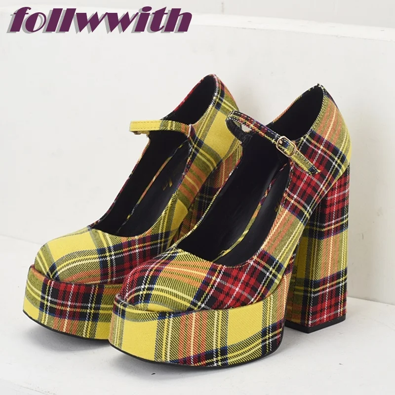 Yellow Plaid Gingham Square Heel Pumps Platform Super High Autumn  Fashion Modern 2024 Hot Sale New Arrival Shoes