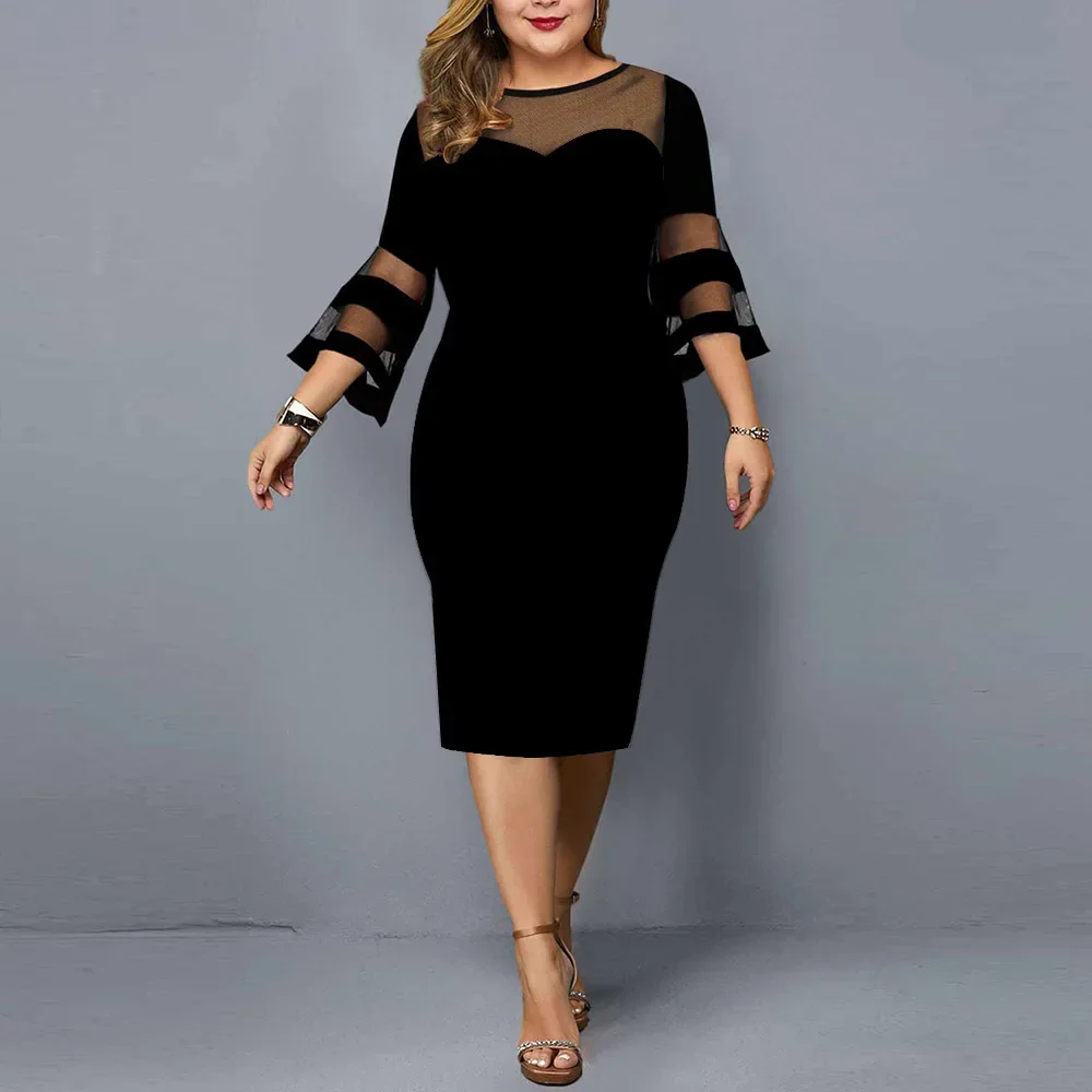 

Women Evening Party Dresses 2023 New Elegant Mesh Sleeve Casual Dress Black Women Clothing 5XL