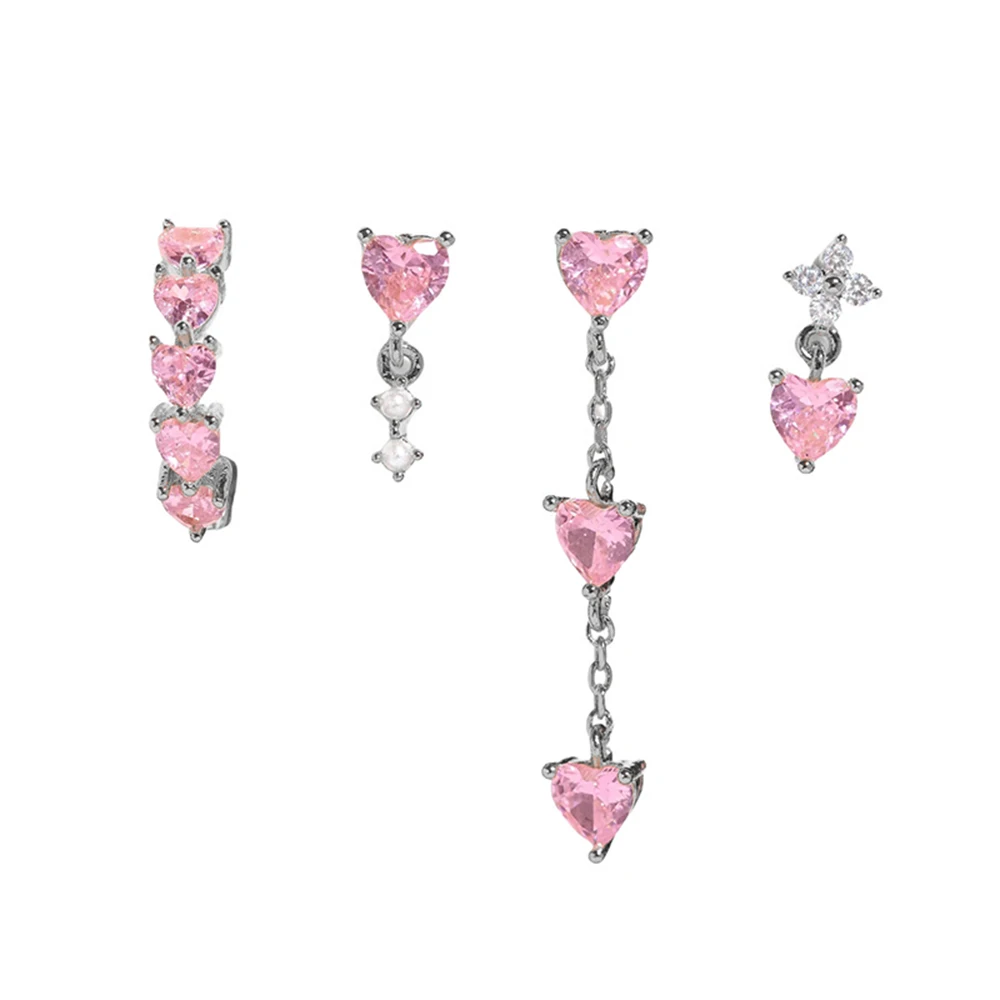 

Dainty Silver Plated Pink Heart CZ Multi-piercing Earring Set Stackable Huggie Hoop Studs for Women