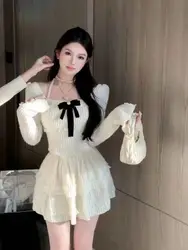 Korean Sweet Lace Square Collar Bow Puff Sleeve Tops Women+ Y2k E-Girl Slim Waist A-line Skirts Spring New Two Piece Sets