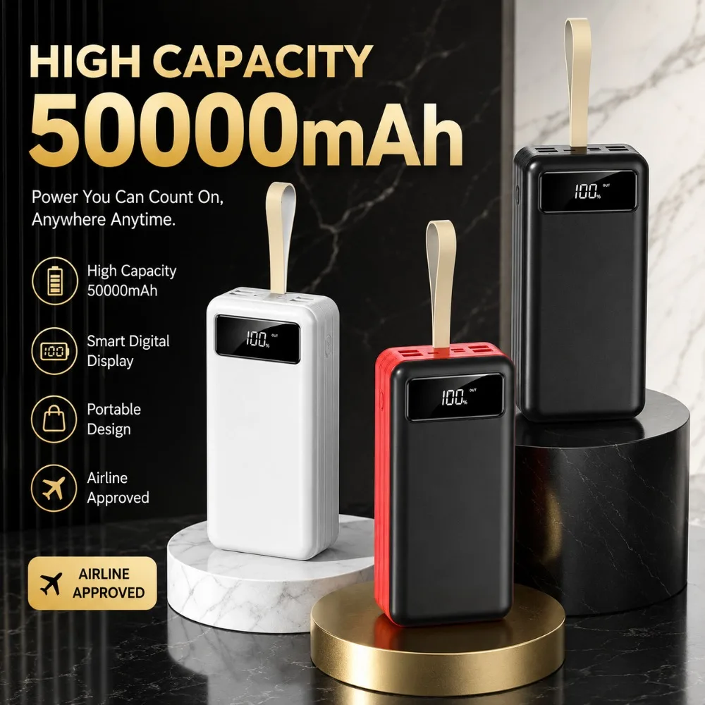 50000mAh Large Capacity Power Bank Built-in Cables 20W Fast Charging Portable External Charger Universal For Mobile Phone