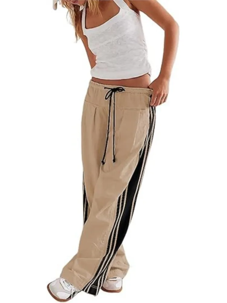 ربيع الخريف جديد الجانب مخطط مستقيم السراويل النسائية الرجعية الرياضة نمط الرباط فضفاض مريح عارضة السراويل تنوعا