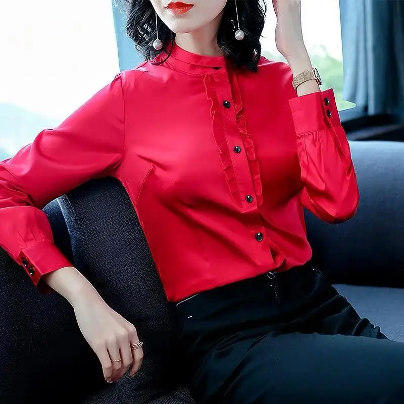 Women Korean Fashion Silk Satin Ruffled Elegant Blouse Office Lady Stand Collar Slim Shirts Casual Solid Long Sleeve Tops Blusas