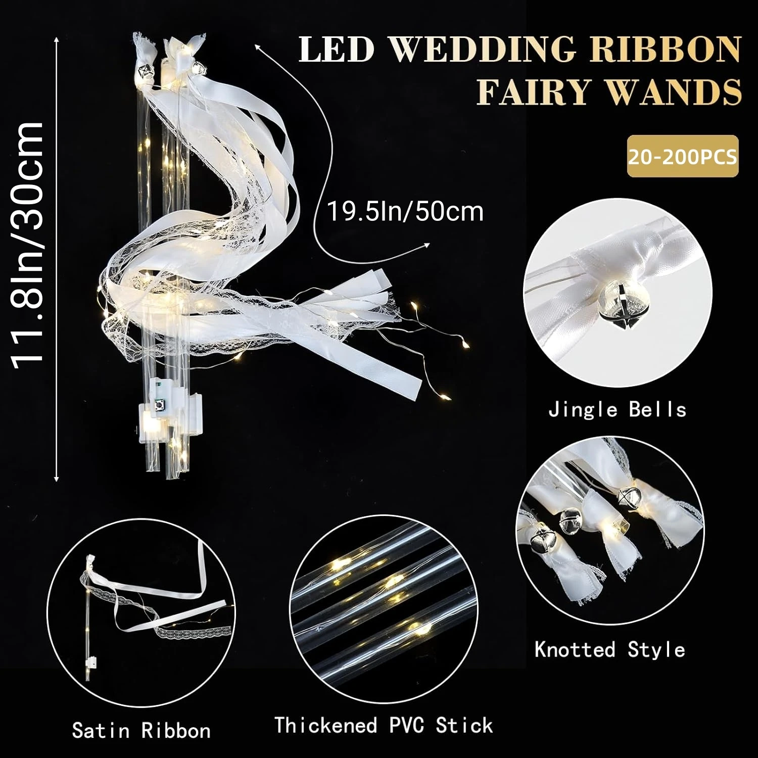 20-200Pcs Light Up Wedding Sparklers Wedding Wands Ribbon Streamers LED Silk Fairy Wands with Bells for Birthday Concert Raves