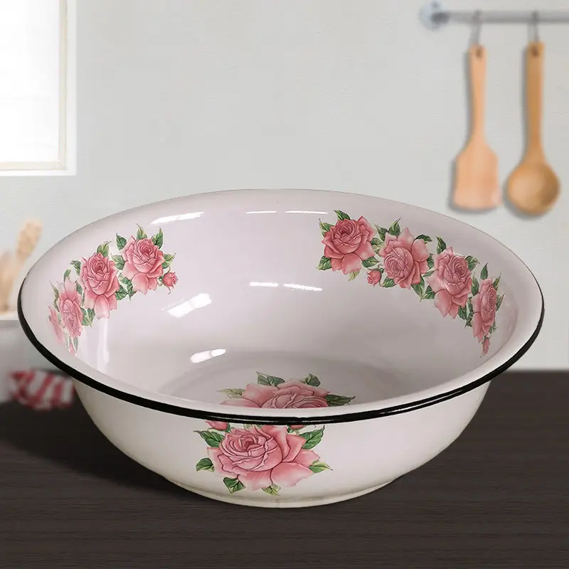 

Extra Thick Enamel Basin Washbasin Kneading Fruit Kitchen Vegetable Washing Dishwashing Dining Room Sets Flower Pattern Nordic