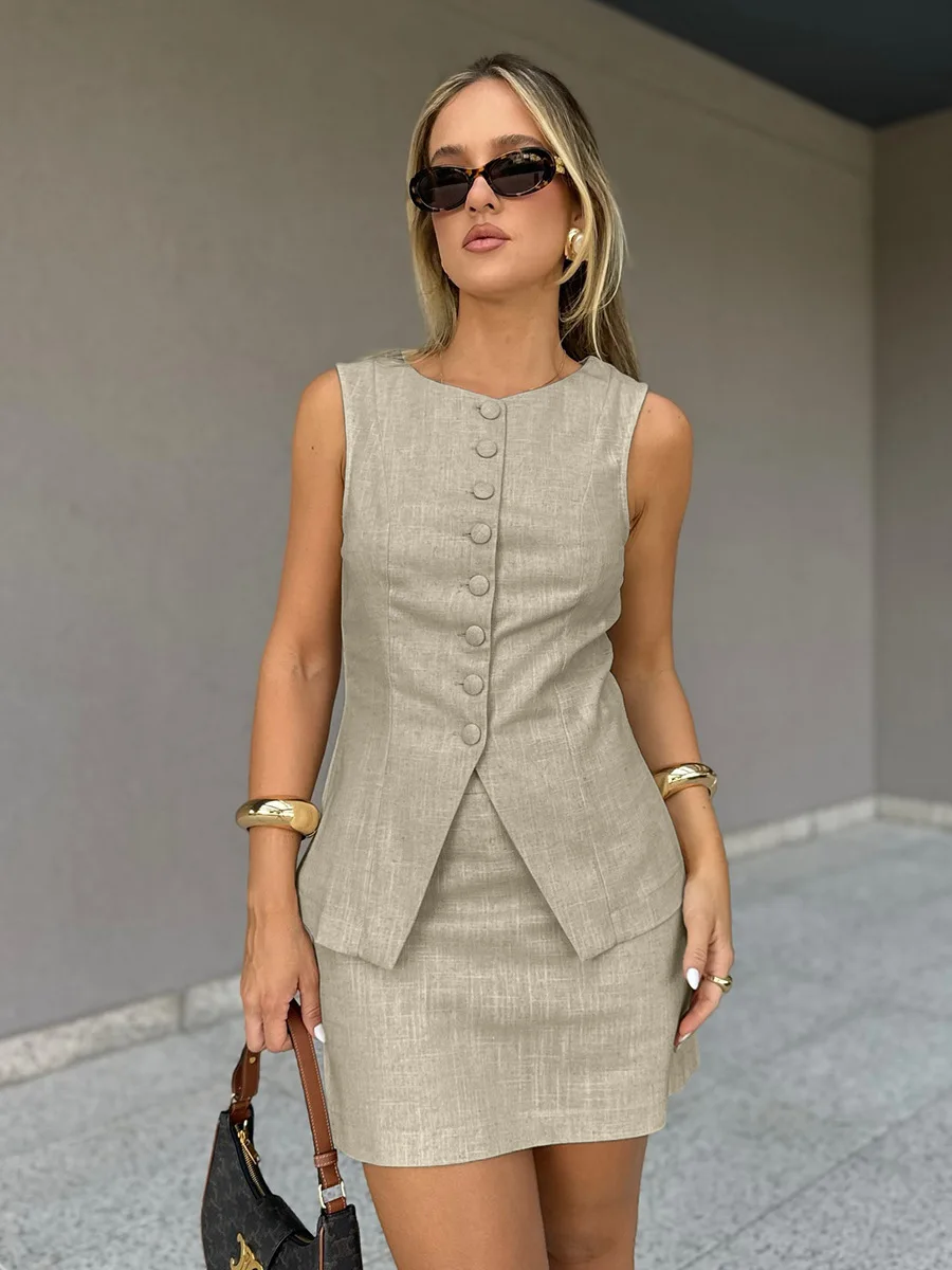 

Wolfeel женский летний новый льняной жилет 2026, комплект мини-юбки, женский жилет без рукавов на пуговицах, короткая юбка, комплект из двух предметов