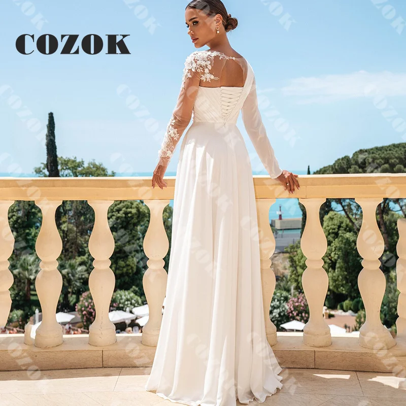 Vestido De novia De encaje con apliques De manga larga, elegante Vestido De novia De gasa con aberturas laterales plisadas, línea A, personalizado, HD40